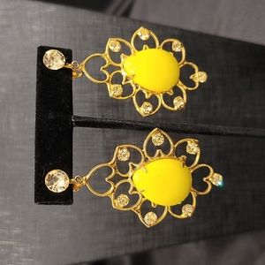 Vintage Gold Metal, Yellow Rhinestone, & Yellow Enamel Earrings